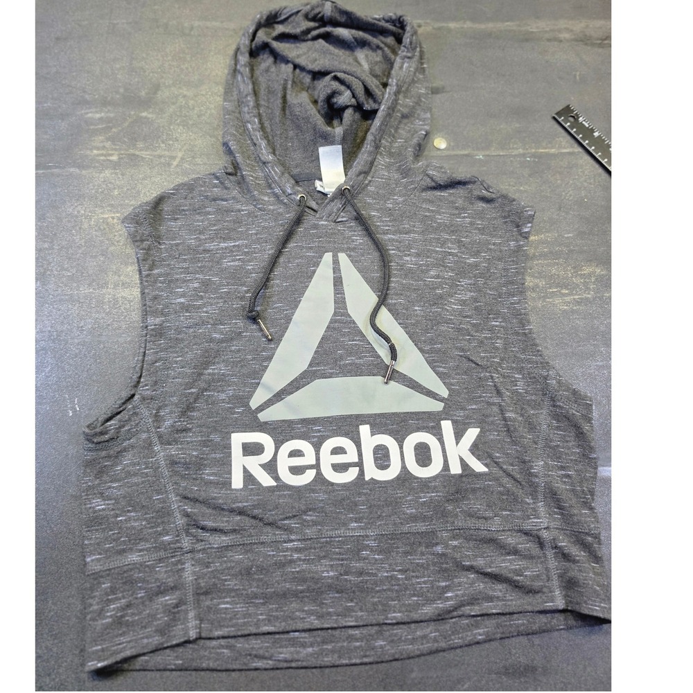 Reebok Womens Small Gray Space Dye Sleeveless Cropped Hoodie Athletic Tank Top